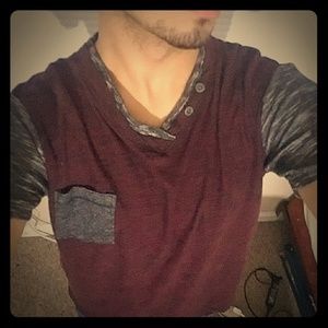 Pocketed mens medium red and grey medium shirt